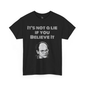 Black t-shirt with a humorous phrase and a serious face graphic.