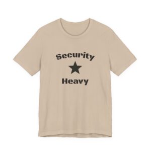 Beige T-shirt with "Security Heavy" print.