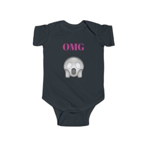 Black onesie with "OMG" and emoji.