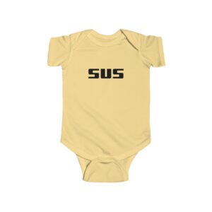 Yellow baby onesie with "SUS" text.