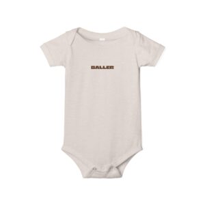 Beige baby onesie with "BALLER" text.