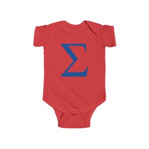 Red baby onesie with blue sigma symbol.